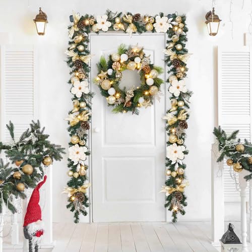 GAOMON Christmas Wreath for Front Door, 24 Inch Outdoor Christmas Wreath, Battery Operated Xmas Wreath with Gold White Ball Ornaments Pine Cones and 20 LED Lights for Home Holiday Decor