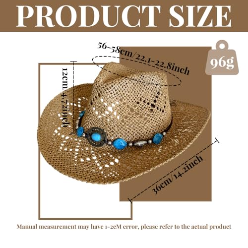 Image of Western Straw Cowboy Hats Cowgirl Hat for Holiday Woven Beach Sun Hat with Shapeable Wide Brim Cowboy Hat for Women's /Men's