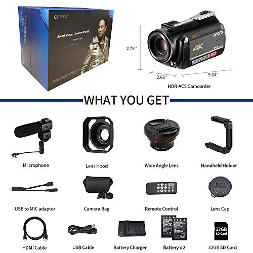 Ordro 4K Video Camera Camcorder Hdr-Ac5 Vlog Camera 12X Optical Lens 3.1’’ Ips Ultra Hd 1080P 60Fps Digital Camera Recorder Wifi Camcorders With Microphone Wide Angle Lens And Handheld Stabilizer #TOP6