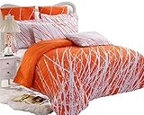 Swanson Beddings Tree Branches 5-Piece 100% Cotton Bedding Set: Duvet Cover, Two Pillow Shams and Two Euro Shams (Orange-White, Queen)