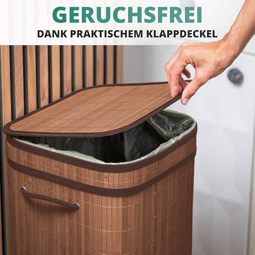 HOMELYN Gelber Sack Ständer I Bambus I WASCHBARE INNENTASCHE I Stabiler Müllsackständer mit Deckel I Extra für gelbe Säcke I Gelber Sack Mülleimer I Behälter gelbe Säcke für Küche & Haushalt