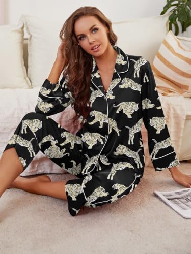 Image of Brosloth Women's Silk Satin Pajamas Long Sleeve Button Up Loungewear Set | Button Down Animal Print Pajamas, Ladies Fancy Pajama sets, Two Piece Lounge Set, Notch Collar Lightweight Sleepwear, Gift