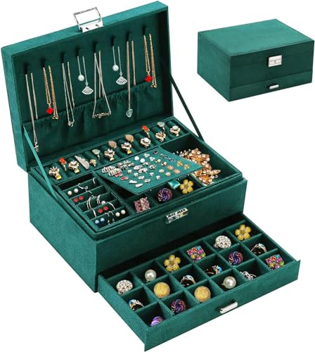 Image of BucketList 3 Layers Velvet Jewelry Organizer Storage Box Women's Velvet Ring Earrings Jewelry Display Case for Earrings, Bracelets, Rings, Necklace (3 Layer with Lock Green Box)