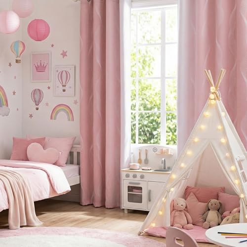 Image of MYSKY HOME Pink and Greyish White 95% Blackout Ombre Curtains 90 inch Long 2 Panels for Girls Bedroom Geometric Pattern Black Out Thermal Insulated Wave Line Foil Print Grommet Window Curtains, 52 inch W
