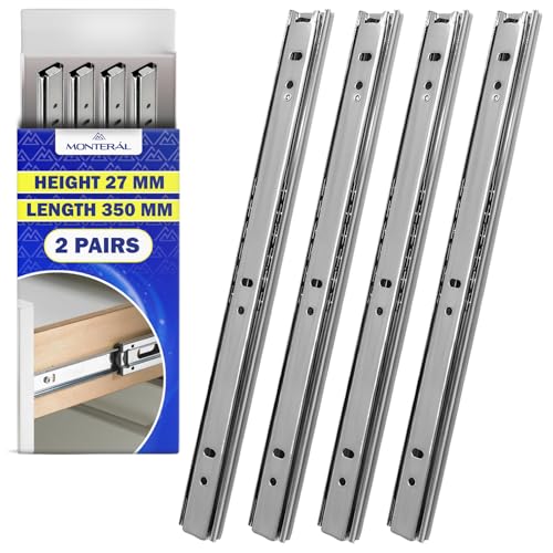 2 Pares Guias Correderas para Cajones con Rodamiento de Bolas 350 mm x H 27 mm - Rieles para Cajones Telescópicas Tienen una Extensión Parcial de 236 mm - Garantía de 10 Años - MONTERAL