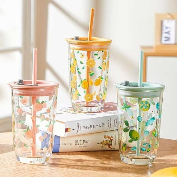Image of Reusable Glass Coffee Sipper Mugs with Lid & Silicone Straw Multipurpose Drinking Glasses Tumbler with Leather Sleeve Cup for Juice Smoothies Iced Tea Home & Travel 1