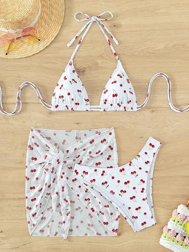 Womens Cherry 3 Piece Swimsuits Halter String Triangle Bikini Sets High Cut Bathing Suit with Beach Sarongs Cover Ups3