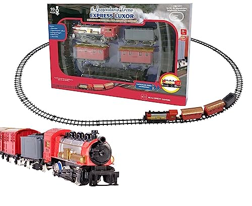 Tren de juguete para niños, tren locomotora de batería tren con efectos de sonido reales locomotora vagones y vías tren infantil eléctrico tren ferrocarril tren Express Luxor