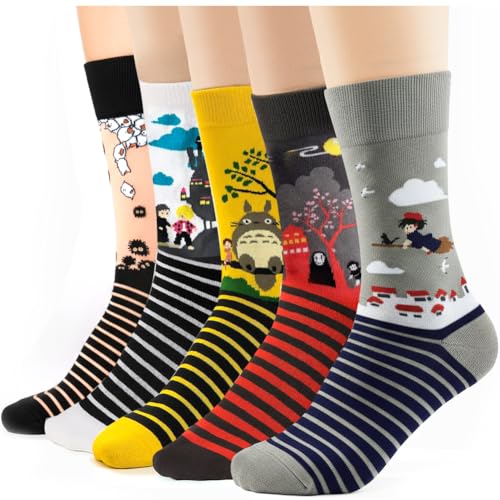 TAUMI 5 Pairs Stripe Colorful Patterned Medium High Top Cotton Crew Socks for Women Kawaii Cartoon Howl Kiki ect