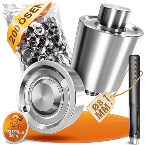 CRAFTUS® Stanzkopf Set (Ø 8mm) für die Alpha Ösenzange – Inkl. 200 rostfreie Edelstahl Ösen & Locheisen – Einfacher Wechsel Dank Schraubgewinde – Ideal für Planen, Banner, Vorhänge UVM.