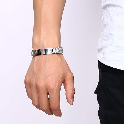 Miniatura 6 de LanM Pulseras de alerta médica, pulseras de identificación de emergencia de acero inoxidable para mujeres y hombres