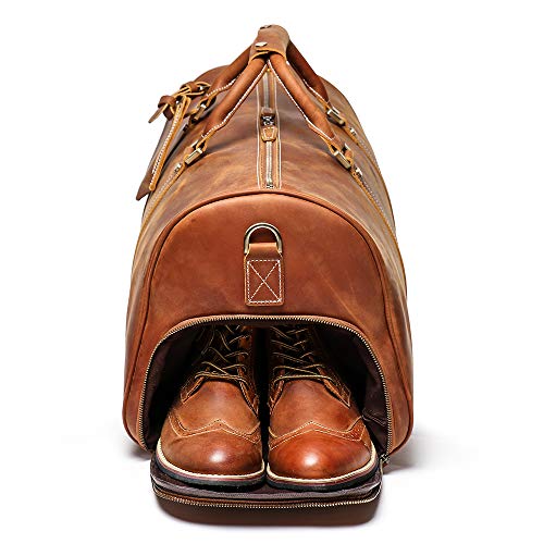 Leathfocus Leather Travel Duffel Bag, Mens Classic Gift Leather Weekend Bag Overnight Full Grain Retro Sport Gym Carry on Luggage YKK Zipper (Brown)