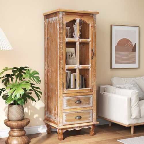 Image of Tall Storage Cabinet with Glass Door & 2 Drawers - Vintage Wood Display Cabinet, Single Door Cabinet with Shelves, Wood Storage Cabinet for Living Room (Solid Wood Frame + MDF)