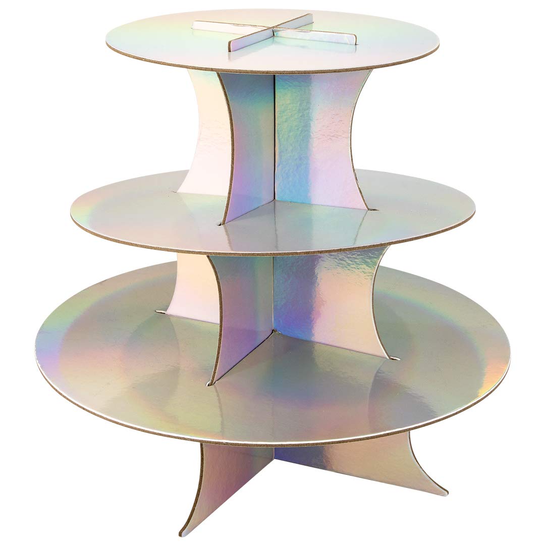 Andaz Press Iridescent 3 Tier Cupcake Stand, Holds 20 Standard Cupcakes, Holographic Disposable Cupcake Holder, Party Supplies Serving Platter for Birthday, Bridal Shower, Baby Shower, Bachelorette