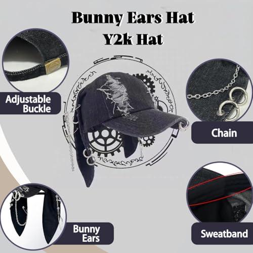Image of Y2k Hat Punk Hats Denim Bunny Hat Chains Distressed Baseball Cap Kpop Outfits Y2k Grunge Hats for Women