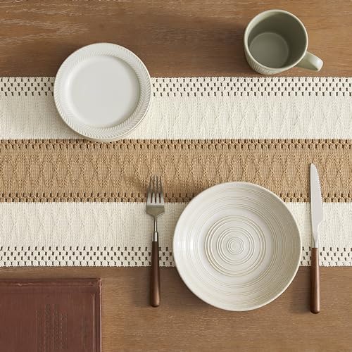 Image of ZeeMart Macrame Style Bicolor Stitching Table Runner, 12 x 72 Inch Brown /Ivory, Boho Neutral Table Runners 72 Inches Long, Farmhouse Woven Home Decor