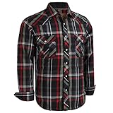 COEVALS CLUB Men's Long Sleeve Casual Western Two Pockets Work Plaid Pearl Snap Button Up Shirt (Black,Red/XL, 6#)