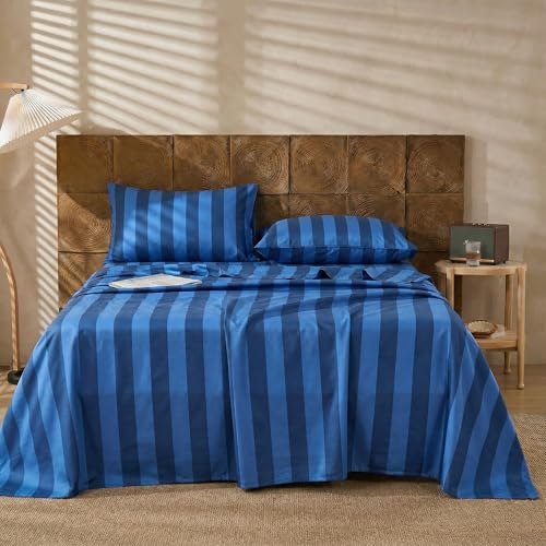 Image of Merryword 100% Cotton Sheet Set Queen Size - Blue and Navy Stripes Bedding, Soft Breathable Percale Weave, Wide Stripe Deep Pocket Sheet 17.5 inch, Luxury Linen Like, 4-Piece All Season Bedding