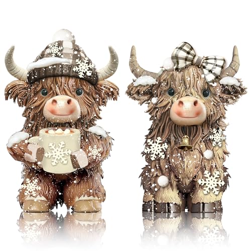 Burbell 2 Pack Winter Highland Cow Figurine Decor Resin Winter Theme Highland Cow Christmas Gnomes Starfish Resin Christmas Statue for Garden Table Shelf Kitchen Home Decor Calf Gnome Herd Gifts