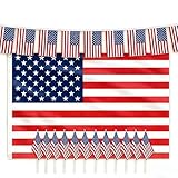 AhfuLife USA Flagge Set, Amerika Deko Set mit Amerikanische Flagge Groß, Amerika Wimpel, 10 Stück Kleine Amerikanische mit Stab, Rot Blau Weiß Party Deko für WM 2026 USA July 4th