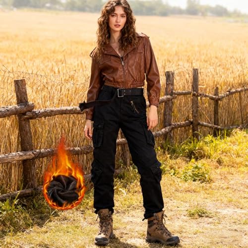 pluvialix Damen Hosen Cargohose Winter Warm Baumwolle Wanderhose Multi Taschen Outdoorhose Workwear Reißverschluss Armee Militär Relaxed-Fit TrekkinghoseSchwarz Tag 2
