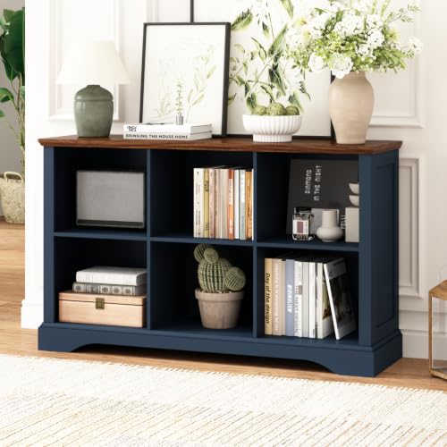 Athyrios 6 Cube Storage Organizer, 47.4" Farmhouse Low Bookshelf, Navy Blue