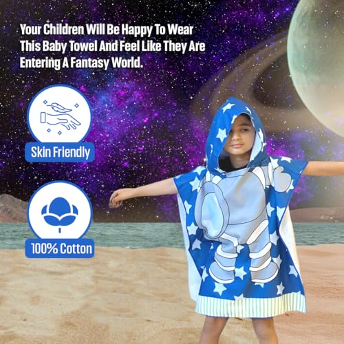 Image of TONY STARK Poncho Towel for Kids, Beach Towel with Hoodie, 60x60cm Travel Towel for 1-7 Years Girls and Boys, Soft Microfiber Sleeved Poncho (Space Explorer)