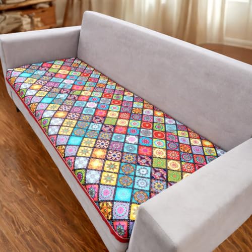 Image of Homerz Premium 1 Seater Velvet Sofa Panel Cover with Digital Prints | Anti-Slip Backing (Mandala, 1 Seater)