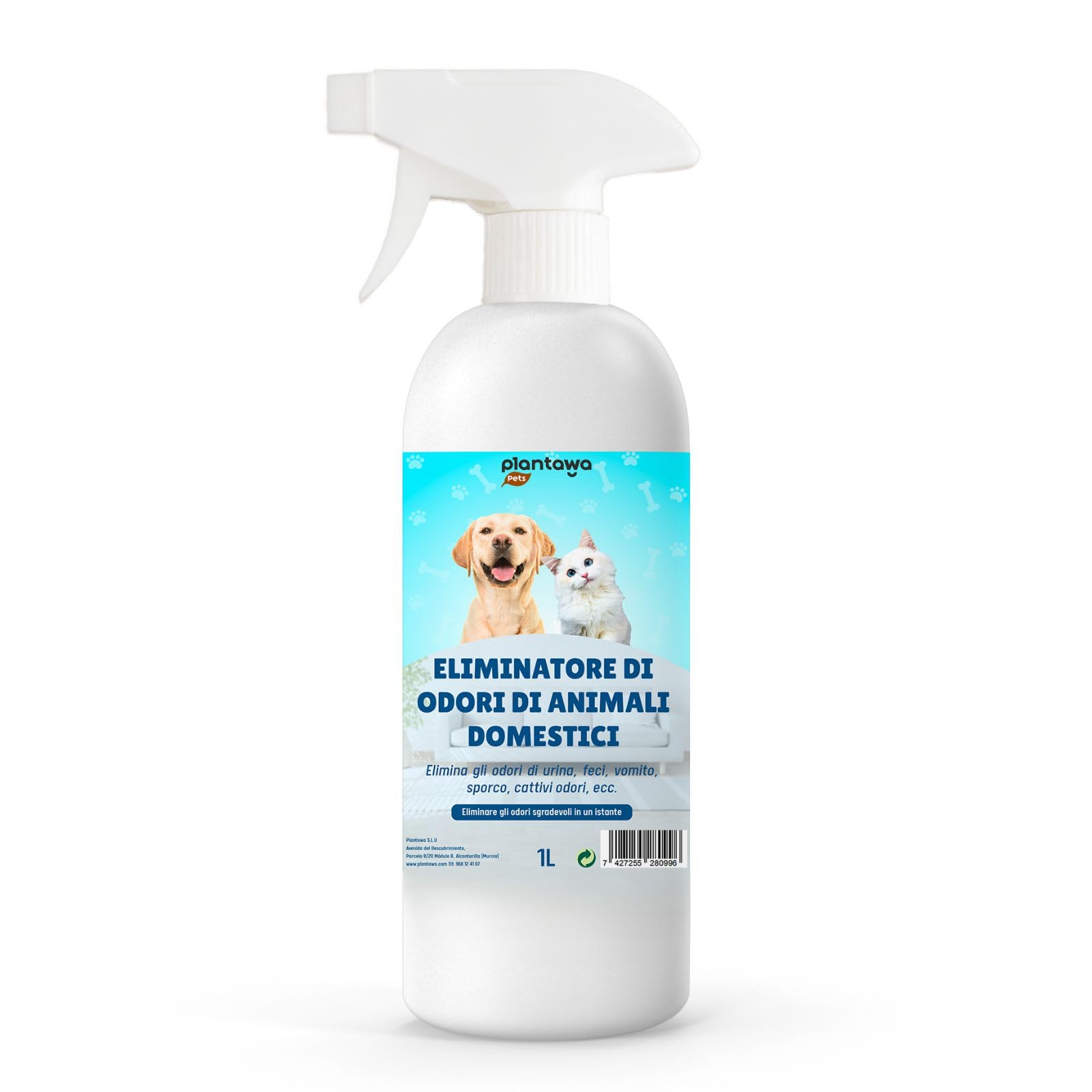 PLANTAWA Eliminatore di Odori di Animali Domestici Spray 1L | Eliminare Odore pipì Cane | Detergente Enzimatico urina Gatto, feci e Vomito | Repellente Naturale | Sicuro per Varie superfici e Tessuti