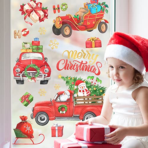 Yovkky Merry Christmas Red Truck Window Clings 9 Sheets, Xmas Tree Farm Car Stickers Decal Decor, 2023 New Year Farmhouse Vintage Holiday Snowman Santa Claus Gift Home Kitchen Decorations #TOP15
