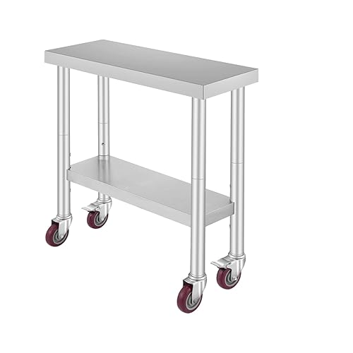 TECSPACE Mesa de trabajo de acero inoxidable con ruedas de 24 x 18 pulgadas, mesa de trabajo comercial resistente con estante inferior y ruedas, TECSPACE Mesa de trabajo de acero inoxidable con ruedas de 24 x 18 pulgadas, mesa de trabajo comercial resistente con estante inferior y ruedas,