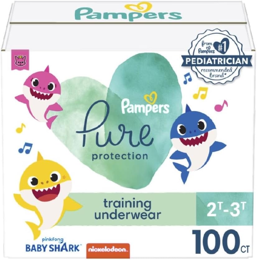 Pampers Training Pants – Pure Protection – Size 2T-3T, 100 Count, Baby Shark Premium Hypoallergenic Potty Underwear