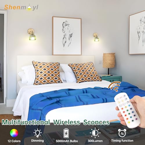 Image of Shenmoyl Vintage 5000 mAh Battery Operated Wall Sconce with Green Clear Tulip Gradient Glass Lampshade Rechargeable Battery Powered Wall Light with Remote Control for Bedroom, Set of 2
