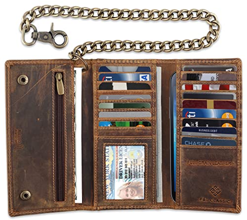 Image of F&L CLASSIC RFID Blocking Mens Tri-fold Long Style Cowhide Leather Steel Chain Wallet,buffalo wax vintage leather,212 wax brown
