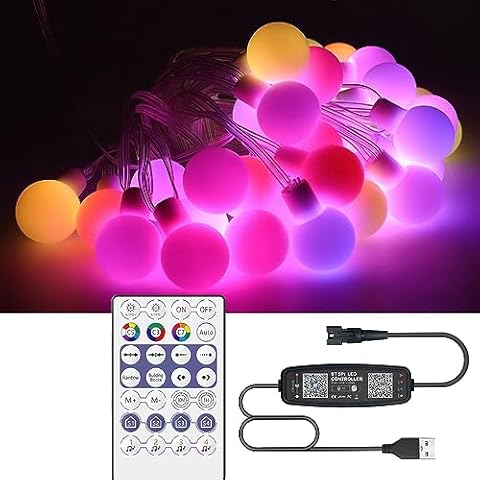 Xnbada 29.52FT WS2812 RGB+IC LED Round Ball String Lights with Remote,60 LED Dream Colourful Fairy Lights,IP67 Waterproof Outdoor Lights for Outdoor Indoor Bedroom Party Wedding Garden Cover