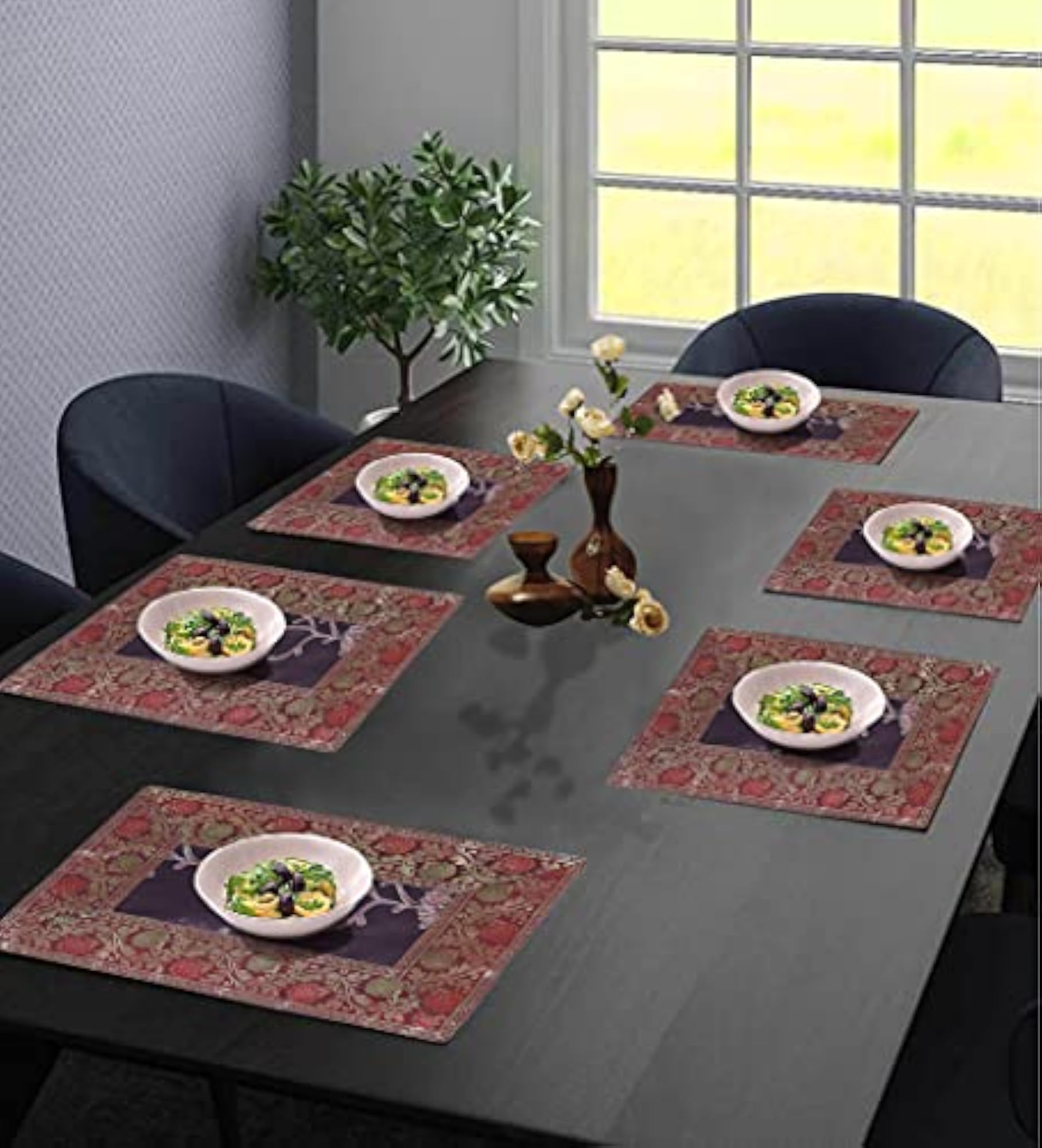 E- Embroidery Silk Dining Table Mats Set of 6