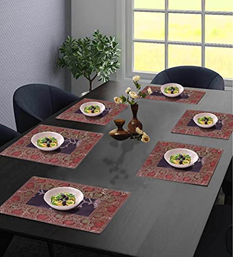 Image of E-EZRA Embroidery Home Decor Decorative Silk Dining Table Mats 6 Pieces Placemats 45x30 Cm (Brown)