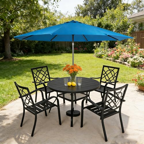 Image of SUNCROWN 6-Piece Outdoor Wrought Iron Chairs and Table Patio Dining Furniture Set - 4 Stackable Metal Chairs, 1 42 inch Round Bistro Table and 1 Sky Blue 9Ft Patio Umbrella for Garden Backyard Deck