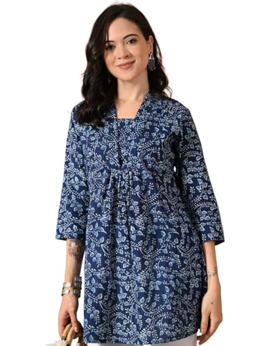 Image of Amazon Brand - Tavasya Women Ethnic Printed V-Neck Cotton Short A-line Kurta | Stylish Casual Everyday Office Top | 3 /4th Sleeve | Regular Fit