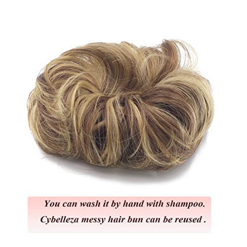 Cybelleza Messy Bun Hair Piece Curly Hair Scrunchies Thick Messy Hair Bun Updo Hairpiece Synthetic Ribbon Ponytail Extensions Donut Chignons Wavy Wig for Women Girls 35g Blonde & Brunette - Image 4