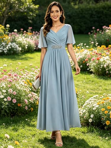 Image of Women's Chiffon Mother of The Bride Dresses A Line Pleated Long Formal Wedding Guest Dress