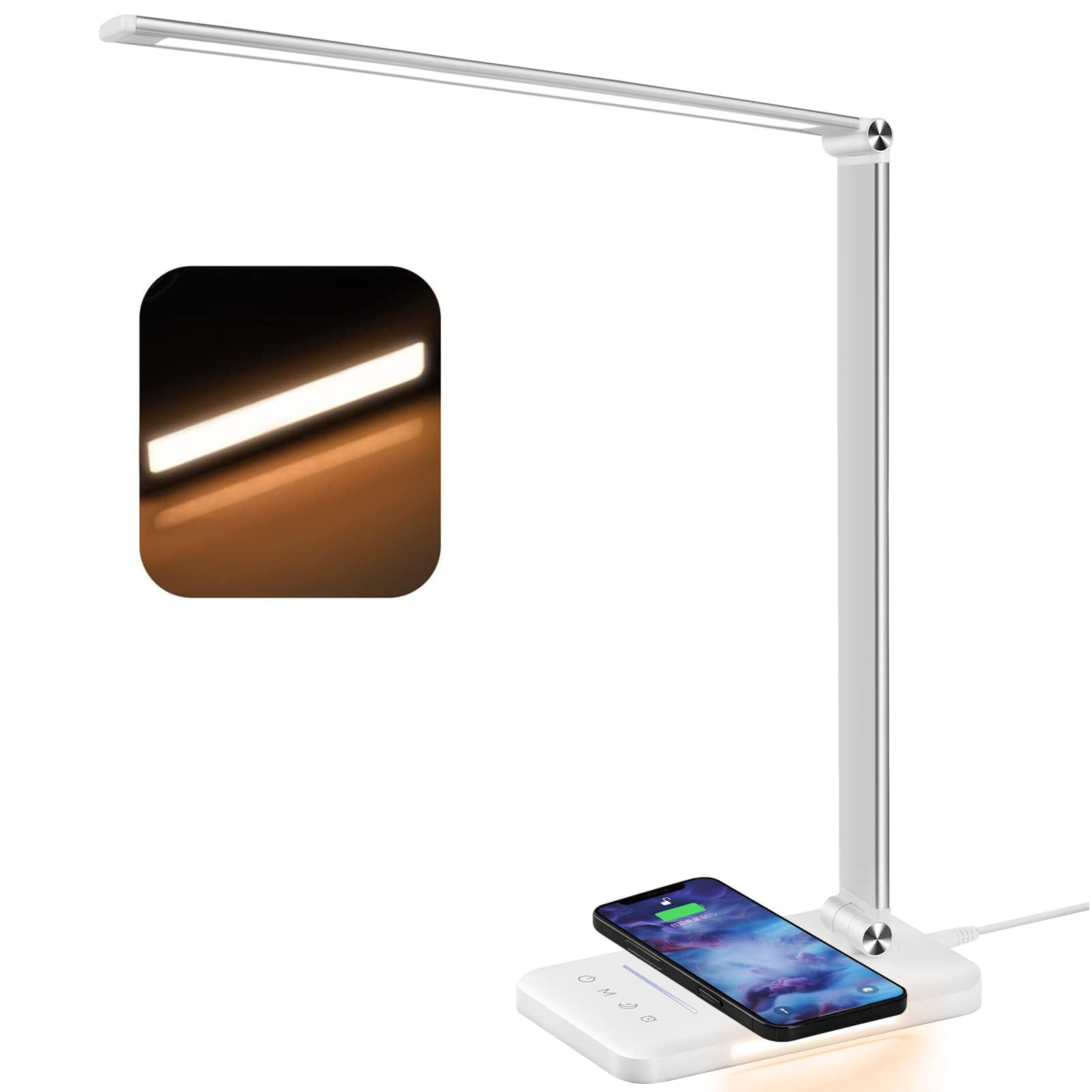 BIENSER Schreibtischlampe LED, 10W Wireless Charging & USB Ladefunktion, Bürolampe Tischlampe mit 10 Helligkeits X 5 Farbstufen Dimmbar, Memory Funktion, Sensible Kontrolle