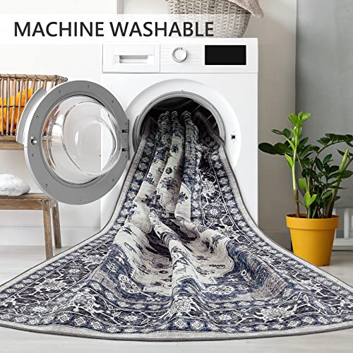 Area Rug Living Room Rugs: 8X10 Large Machine Washable Boho Carpet Vintage Medallion Floral Indoor Non Slip Decor Carpets For Under Dining Table Bedroom Farmhouse Nursery Home Office Blue #TOP3