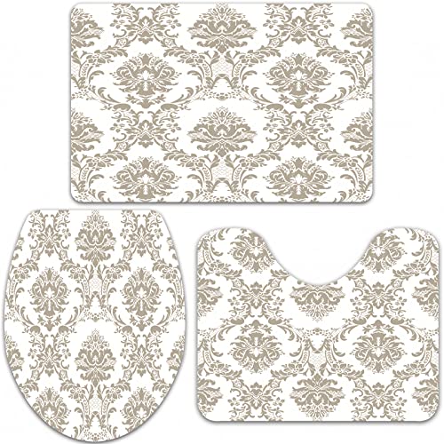 URSOPET Badteppich-Set 3-teilige, rutschfeste,Brown-Damast-Entwurfs-Muster-modernes Rokoko-Barock-schöne Leinwand…