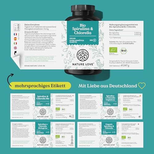 NATURE LOVE® Bio Spirulina + Bio Chlorella - je 3000mg Spirulina & Chlorella pro Tagesdosis - 500 Tabletten - Ohne Zusätze und Bio zertifiziert - Hochdosiert, laborgeprüft und vegan