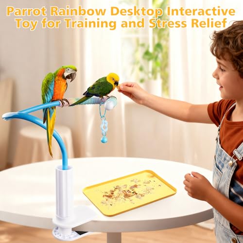 Image of Bird Perch Stand,Bendable Desktop Parrot Training Stand with Tray,Easy to Clean Bird Tabletop Platform Toy,Parakeet Playground Play Stand for Lovebirds Pigeon Budgies,Small Animals(Blue)