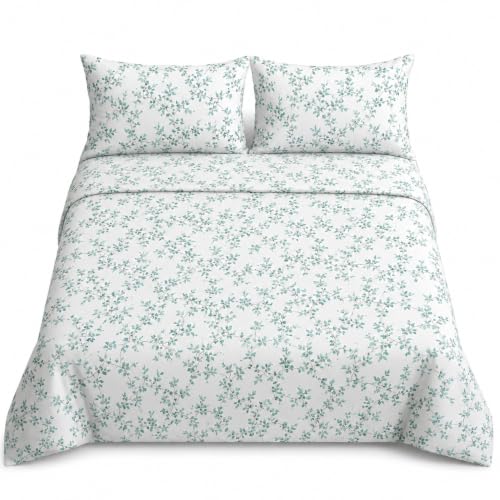 KRISHNA 4 Piece Printed Sheets Set, Hotel Luxury Brushed Microfiber, Soft & Breathable, 12" Deep Pocket Fitted Sheet, Full Size Sheet Set, Blue Plum Bloosom