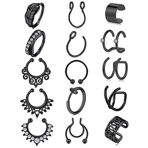 MODRSA Fake Septum Nose Hoop Rings Stainless Steel Faux Lip Ear Cuff Earrings Spring Nose Face Septum Ring Non Piercing Clip On Nose Rings Hoops Silver Rose Gold Black