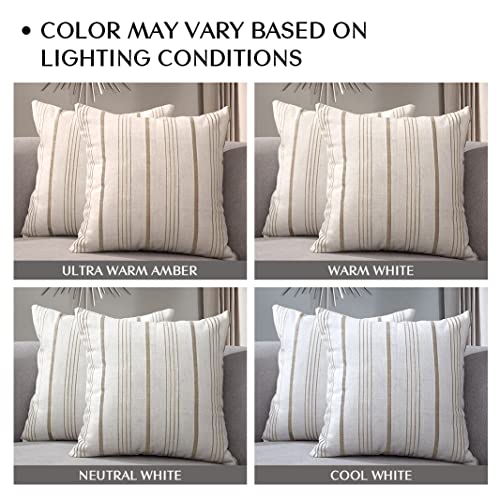Sunlit Decorative Farmhouse Throw Pillow Case, Set Of 2 Cream/Off-White With Light Brown Stripes Modern Accent Square Pillow Cover, 18" X 18", Textured Linen Cushion Covers For Couch Chair Bedroom #TOP3