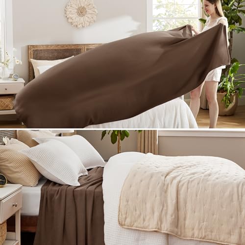 Image of Bedsure 100% Cotton Blanket, Herringbone Weave, Queen Size, Brown